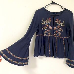 American Eagle Bell Sleeve Navy Blue Embroidered Longsleeve Blouse Womens Medium